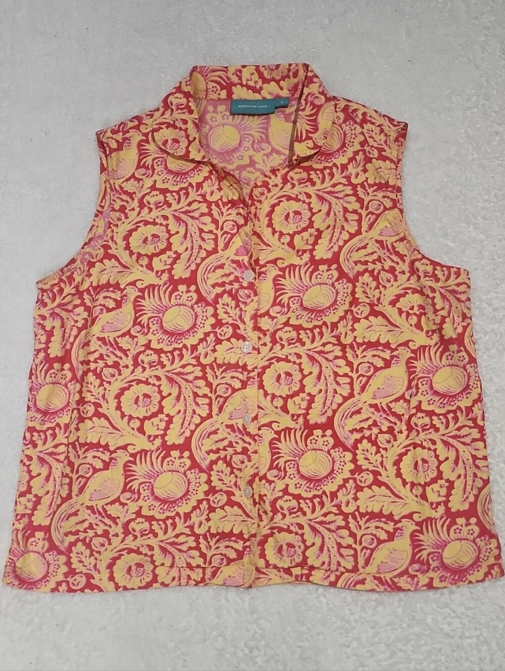Needham Lane Sleeveless Floral Bird Print Cotton Button Down Top